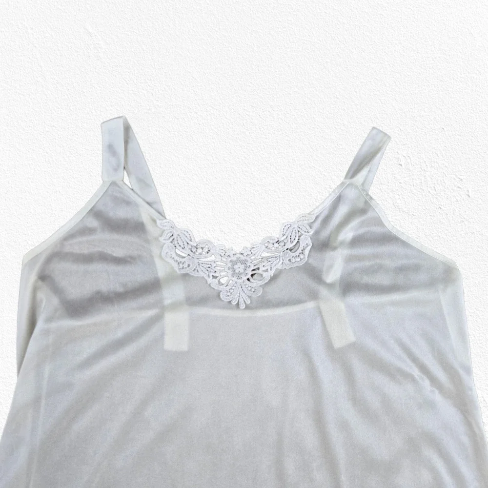 Vintage White Lace Trim Nylon Slip Dress Size Large 1970s 1980s Lingerie - Picture 3 of 8